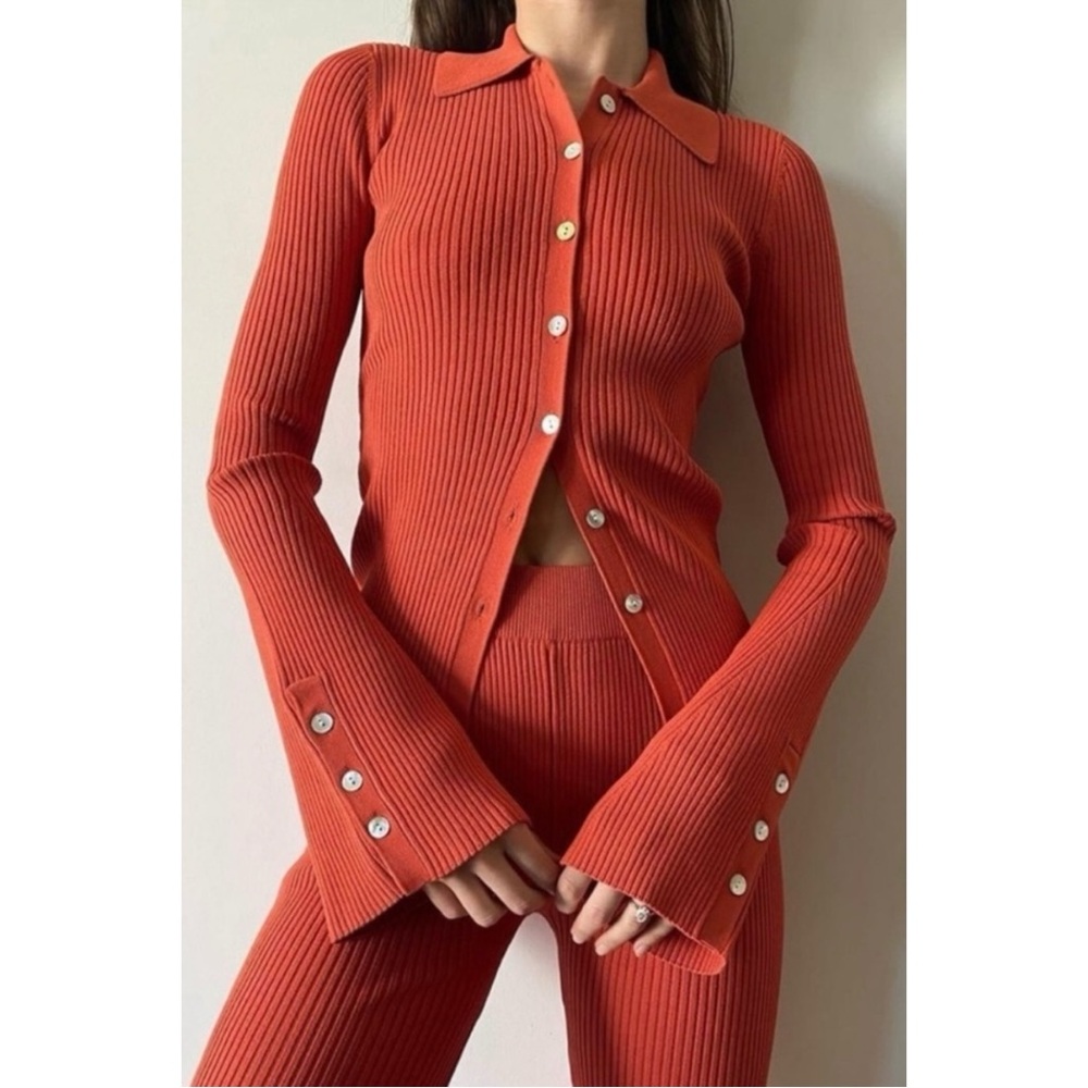 Le Ore Size XS Rimini Collared Cardigan Ribbed Button Front Fitted Spice Orange